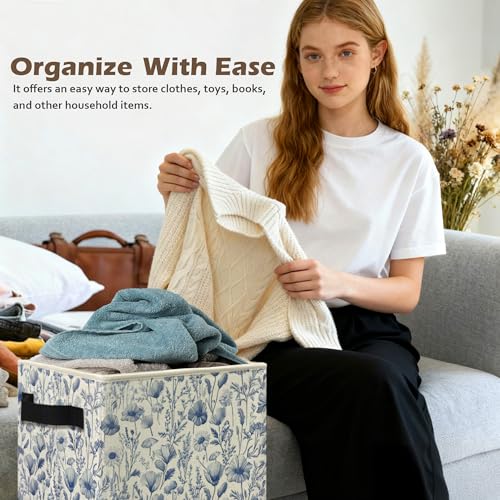 Ghoaoivo Blue and White Floral Storage Box Bins, Chinoiserie Flower Botanical Collapsible Storage Basket Organizer for Bed...