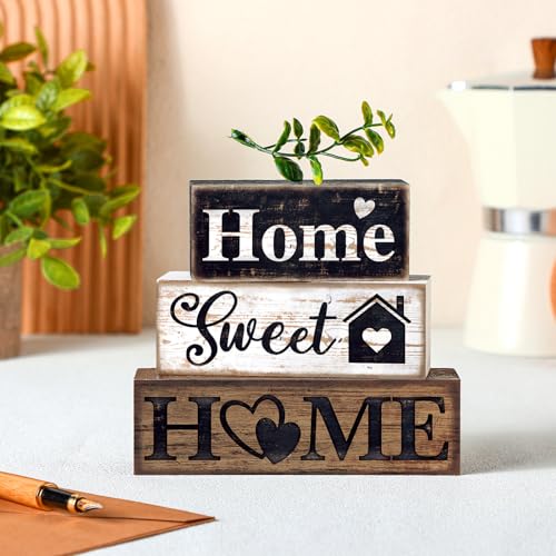 Moucuny 4 Pcs Farmhouse Wooden Tabletop Decor Farmhouse Tiered Tray Decor Rustic Eucalyptus Leaves Wood Block Sign Gift Sw...