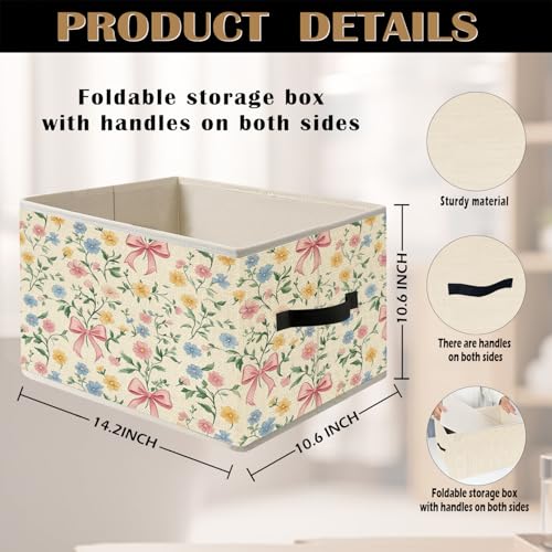FITIE Coquette Pink Bow Floral Storage Bin Box with Handles, Rustic Colorful Flower Botanical Foldable Organizer Basket To...
