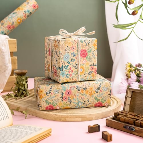 WRAPAHOLIC Kraft Floral Wrapping Paper Roll - Mini Roll - 17 Inch x 9.8 Feet - Spring Summer Garden Flower Design Perfect ...