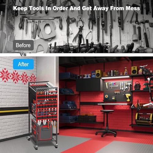 JUNNUJ Large Power Tool Organizer Cart with Charging Station, Garage Floor Standing Rolling Drill and Tools Battery Storag...