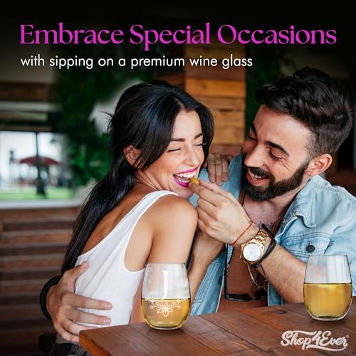 Floral Monogram Engraved Initial Letter Stemless Wine Glass 15 oz. Personalized Monogrammed Custom Gift (J)