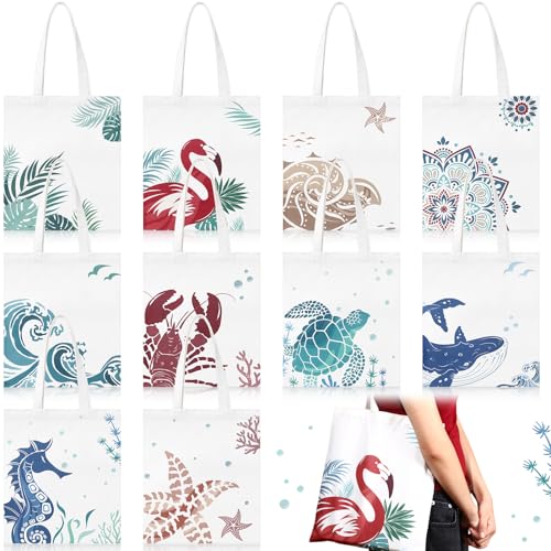SATINIOR 10 Pcs Beach Theme Canvas Totes Bags Gifts Shopping Bags Reusable Grocery Handbags for Women Travel Cruise Wedding