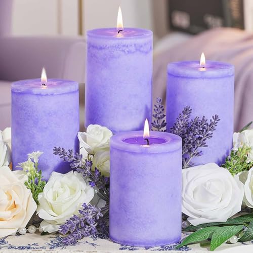 4 Pack Lavender Scented Pillar Candles-2.8x4 in Purple Decorative Candles,60-Hour Long Lasting Burn,Handmade Rustic Pillar...