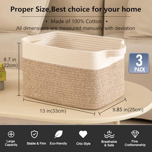 OIAHOMY 3 Pack Storage Baskets for Organizing, 13''X9.85''X8.7'' Storage Bins,Woven Basket with Handles, Toy Storage Bin,S...