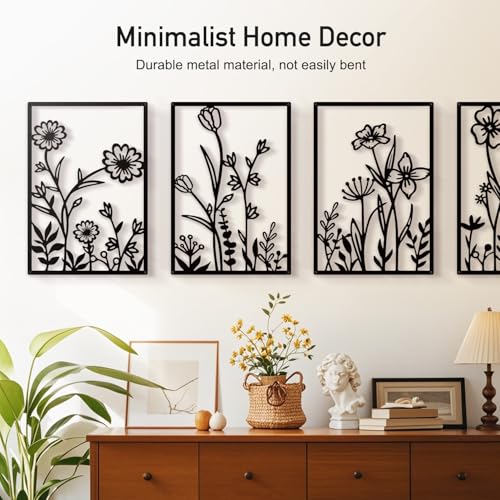 Sokurdeg Black Metal Flowers Wall Decor, Minimalist Floral Wall Hanging Art, Black Abstract Line Wall Art Sculptures for B...