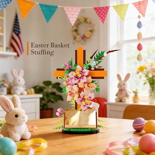 Jesus Cross Flower Building Set, Easter Religious Cross Collectibles, Compatible with Lego Jesus Catholic Building Toys, E...