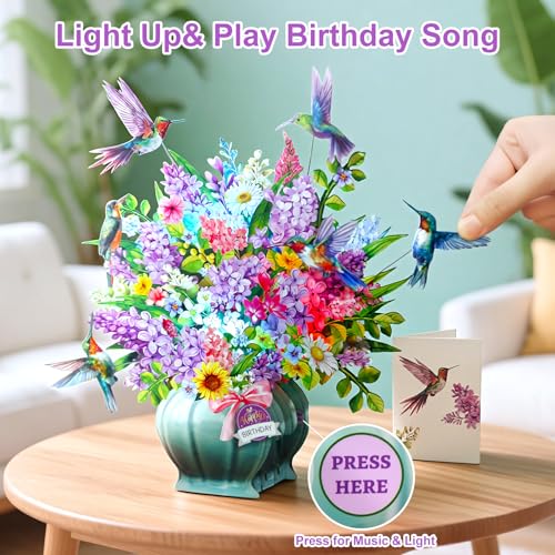 Birthday Cards, Light and Music Happy Birthday Card, Hummingbird Oasis, 10 Inch Life Sized Forever Flower Bouquet, 3D Pop ...