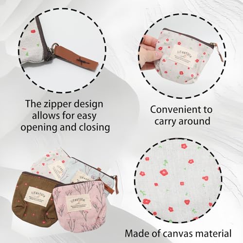 OYWOBET 4Pcs Mini Canvas Purse Coin Pouch, Mini Makeup Bags with Flower Pattern, Small Cosmetic Bag with Zipper Portable T...