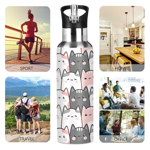Cute Cats Kittens Water Bottle Kids Insulated Girls Boys Stainless Steel Hot Cold Water Flask with Straw Lid for Sports Gy...