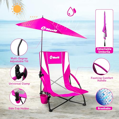 EMERIT Low Beach Chairs for Adults with Removable UPF 50+ Umbrella, Lightweight Folding Backpack Camping Chair with Cup Ho...