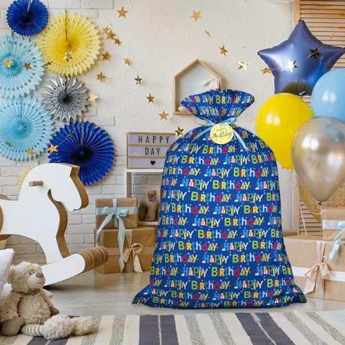 Laidans 56" Extra Large Blue Plastic Gift Bag, Jumbo Happy Birthday Gift Bag with Tag and Tie for Boy Kids Birthdays Parti...