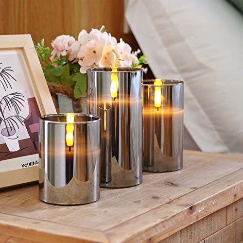 Homemory Grey Glass Flameless Candles, Battery Operated LED Pillar Candles with Remote Control and Timer, Radiance Candle...