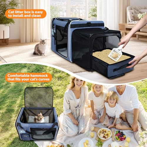 Petskd Side Expandable Extra Large Cat Carrier with Litter Box Area for Long Distance Car Travel,24"x17"x17" Collapsible S...