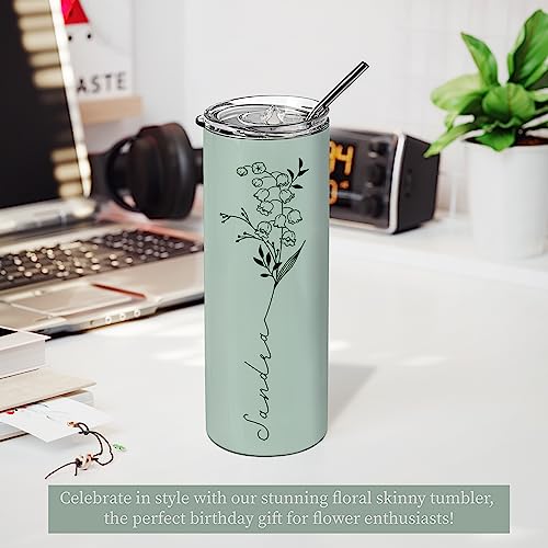 Birthday Gifts for Women, Personalized Tumblers with Birth Flower and Name, 10 Colors - 20 Oz, Skinny Tumblers for Women