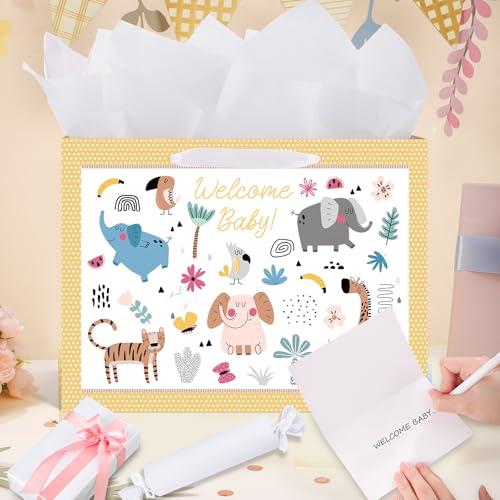 woric 14.5" Baby Gift Bag for Baby Shower with Tissue Paper and Greeting Cards for Boys Girls Birthday Party(Cute Animals)