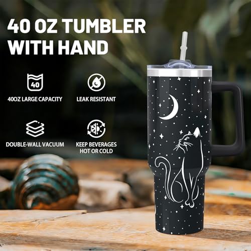 xspgrnm 40oz Black Cat Tumbler With handle, Halloween Goth Stainless Steel Leak Proof Travel Coffee Mug Cup Water Bottle T...