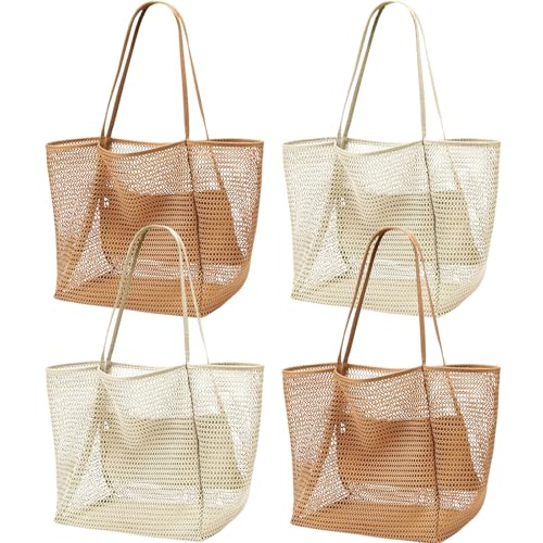 Viwnrxta 4pcs Beach Bags for Women,Nylon Mesh Summer Travel Tote Bag with Large Inner Zipper Pocket