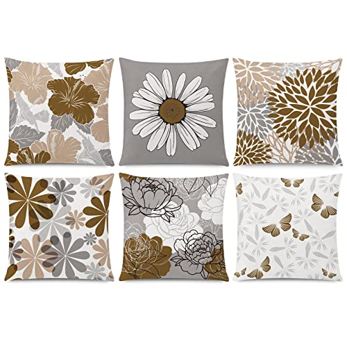 COMMINY Brown Grey Pillow Covers 18x18 Set of 6 Decorative Daisy Flower Throw Pillow Cover for Couch Modern Coffee Pillow ...