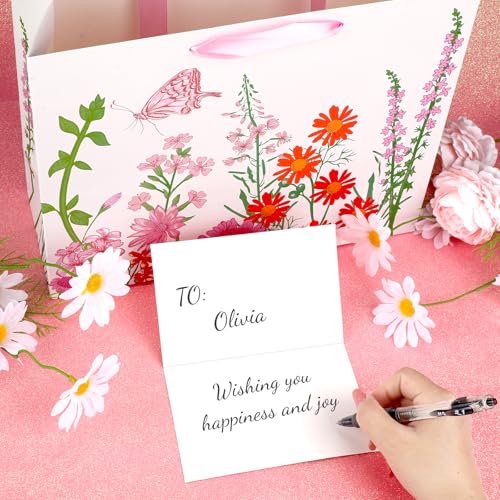 Konsait 13" Large Floral Gift Bags, Red and Pink Flower Gift Bags with Tissue Paper and Card for General Greeting, Bridal ...