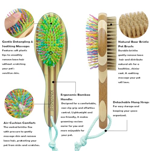 2-in-1 Double Sided Dog Brush for Shedding - Cat Brush with Real Boar Bristle & Pins, Bamboo Handle Pet Grooming Brush for...
