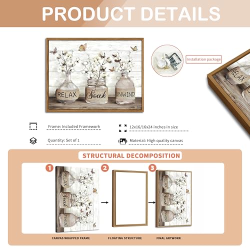 Floating Framed Farmhouse Bathroom Decor Wall Art, Rustic Cotton Pictures Canvas Wall Decor Paintings, Modern Country Rela...