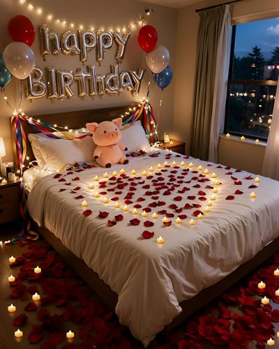 Amagic 1000 Pieces Artificial Rose Petals with 12 Heart LED Tea Lights Candles Kit, Rose Petals and Candles Set for Propos...