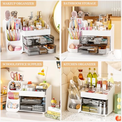 Makeup Organizer with Drawers for Vanity Bathroom Counter Organizers and Storage, Large Skincare Organizer with Brush Toot...