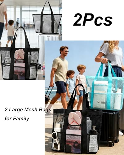 Funxdola 2-Pack Large Mesh Carryall Tote Beach Bags - 8 Front Back Pockets Zip Compartment for Toiletry Travel with 2 S Hooks