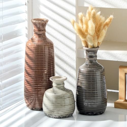 Ceramic Vases Set of 3, Neutral Rustic Farmhouse Vases Home Decor Decorative Flower Vase Modern Boho Pampass Vase for Tabl...