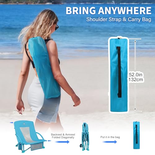Low Beach Chairs 2 Pack,Folding Compact Low Seat Chairs for Adults w/Mesh Back& Storage Bag,Heavy Duty Chair for Outdoor S...