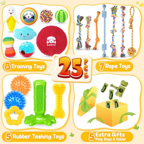 KIPRITII 25 Pack Various Dog Toys Set – Ideal for Teething, Entertainment & Interactive Play, Includes Puppy Toys, Rope To...