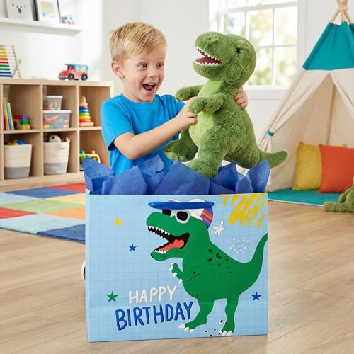 Joliloly 13" Happy Birthday Gift Bag, Dinosaur Print Sturdy Thick Paper Bag for Kids, Reusable Birthday Present Bag with T...