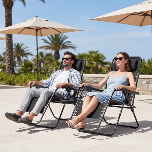 JEAREY Zero Gravity Lounge Chairs Set of 2, Adjustable Steel Mesh Recliners w/Pillows and Cup Holder Trays for Patio, Gard...