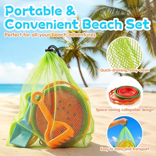 Collapsible Beach Toys for Kids,2 Packs Foldable Silicone Sand Buckets Set with 4 Packs Sand shovels and Mesh Bag,Travel B...