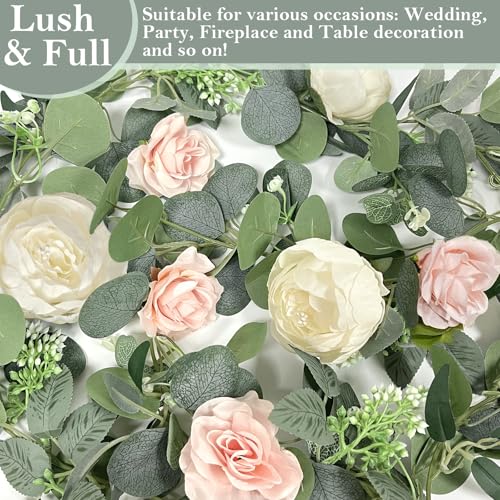 2 Pack 13Ft Artificial Eucalyptus Flower Garland with 16 White Peony Pink Rose, Baby Breath Fake Flowers Greenery Garland ...