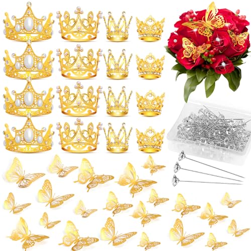 cridoz 164Pcs Flower Bouquet Accessories, 16Pcs Crowns for Flower Bouquets with 48Pcs Gold Butterfly Decorations and 100Pc...
