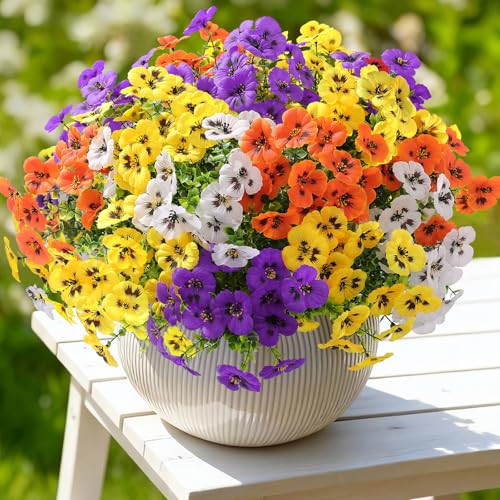 Alupssuc 48 Bundles Artificial Flowers for Outdoors, Fake Spring Flowers for Decoration, UV Resistant Realistic Pansies wi...
