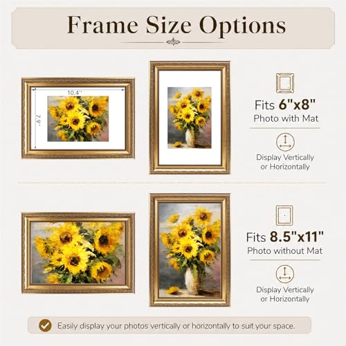 JCJMY 8.5x11 Vintage Picture Frame with 6x8 Mat, Elegant Retro 8.5 by 11 Photo Frame with Shatter-Resistant Plexiglass for...