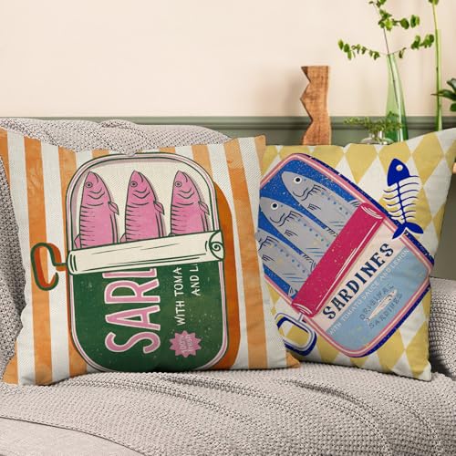 Fjfz Sardines Can Decorative Throw Pillow Covers 20 x 20 Set of 4, Beach Coastal Fish Fisherman Aesthetic Porch Outdoor Ho...