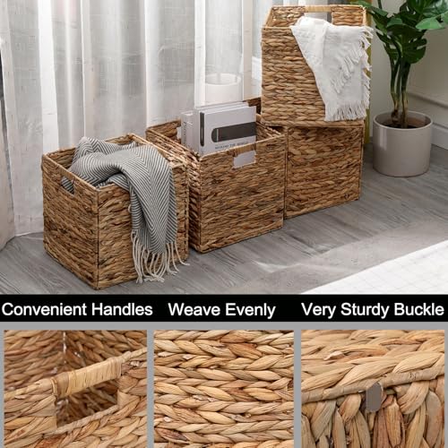 12x12in Storage Baskets Set of 4 Water Hyacinth Baskets,Foldable Handwoven Storage Cubes,Wicker Cube Baskets Laundry Organ...