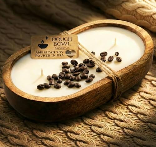 Dough Bowl Candle Co. Vanilla Latte Soy Candle - 3 Wick Rustic Farmhouse Decor Odor Eliminator in Wooden Bowls, 20 Oz Wood...