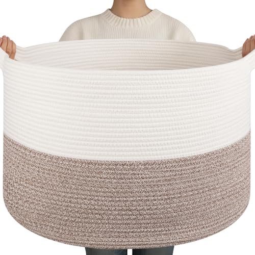OIAHOMY 90L XXXLarge Blanket Basket for Living Room, 21.7" x 13.8" Woven Cotton Rope Laundry Basket for Organizing Pillow...