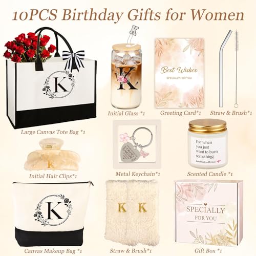 Birthday Gifts for Women, 10pcs Monogrammed Gifts for Women Initial Canvas Tote Bag, Makeup Bag, Glass Cup, Hair Clip, Can...