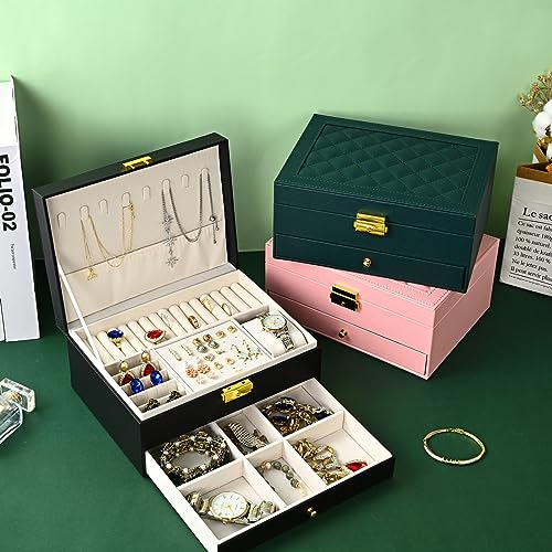 GUOER Jewelry Box for Women Girl Wife - Large PU Leather Jewelry Organizer Storage Case with Two Layers Display for Earrin...