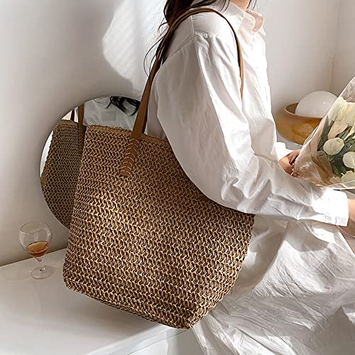 Kehpish Large Straw Shoulder Bag Summer Beach Bag for Women Straw Tote Bag Handbag With Zipper Summer Shoulder Bag