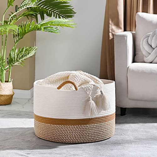 KAKAMAY Large Blanket Basket (20"x13"),Woven Baskets for storage Baby Laundry Hamper, Cotton Rope Blanket Basket for Livin...