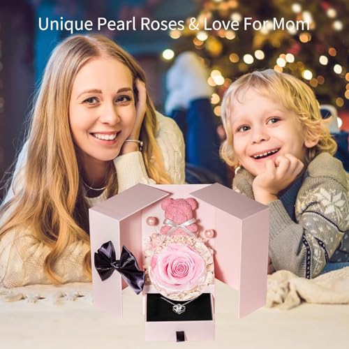 JoyFlower Preserved Flowers Bear with Necklace Gifts for Girlfriend, Unique Pearl Rose Bear Necklace Birthday Gifts for Mo...