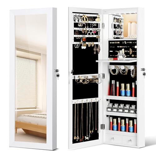 JOYUSAEN Mirror Jewelry Cabinet, Wall/Door Mounted Jewelry Armoire with Full-Length Mirror, Hanging Jewelry Organizer with...