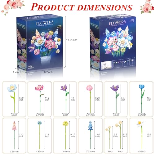 Abbabby Flower Building Set for Adults.880-Piece Artificial Bouquet Set Compatible with Lego.DIY Floral Building Toy for A...